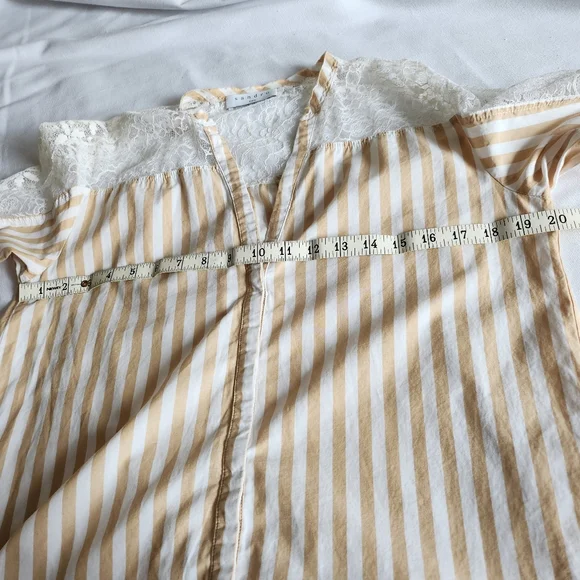 SANDRO I 1 (XS/S) lace and cotton button down shirt I tan and white stripes - Picture 10 of 11